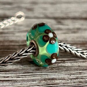 TROLLBEADS Teal Green w Brown Glitter Flowers LAA 925S Textured, NEW Condition